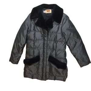 Vtg Comfy Womens L Down Puffer Coat Gray &amp; Black With Faux Fur Trim